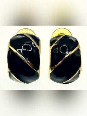 Vintage 80s Black Enamel Gold Tone Half Hoop Earrings Retro Statement Pierced